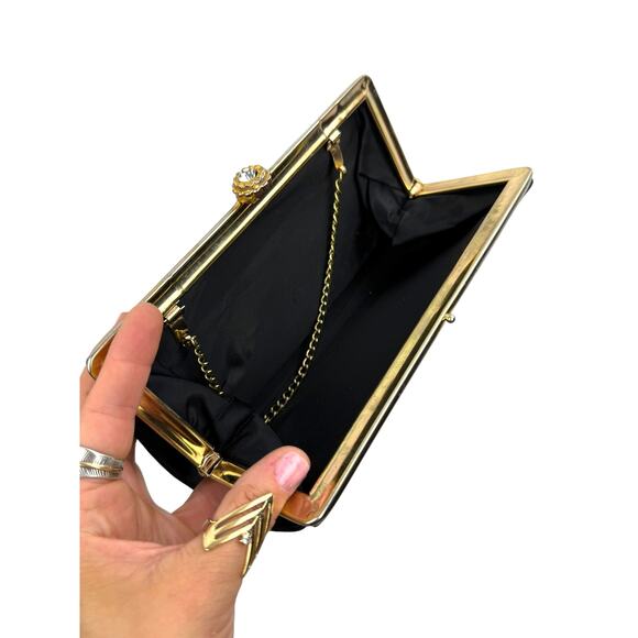 1950's gold crystal rose kiss lock chain strap black mini purse - Picture 3 of 5